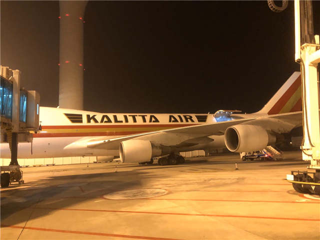 撤侨专机在安克拉治停靠情形